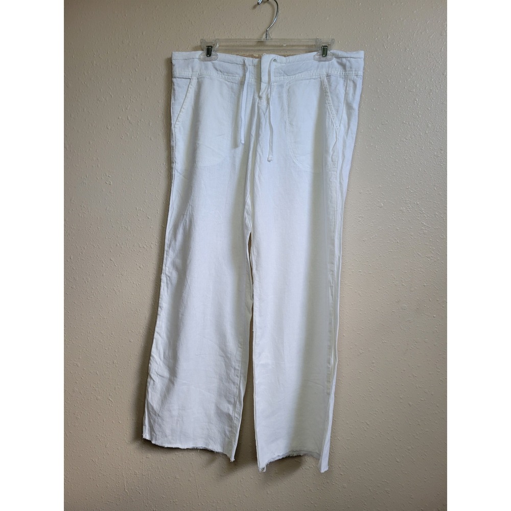 Love Tree Womens White Linen Blend Wide Leg Drawstring Raw Hem Pants Large